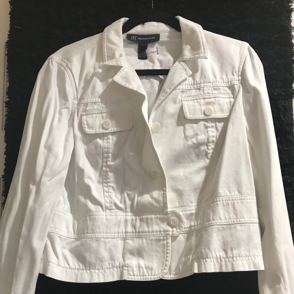 INC white short fitted jacket.